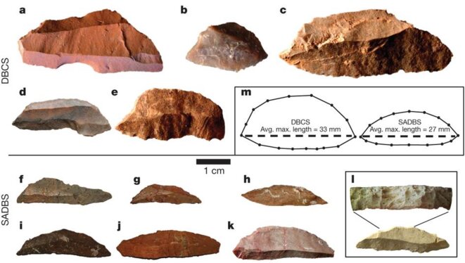 Microlithes découverts par Kyle Brown en Afrique du sud © Nature Microlithes découverts par Kyle Brown en Afrique du sud © Nature
