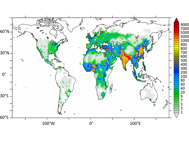 Carte montrant l'intensité de la pollution de l'air (échelle du vert clair au rouge foncé) © Nature Carte montrant l'intensité de la pollution de l'air (échelle du vert clair au rouge foncé) © Nature
