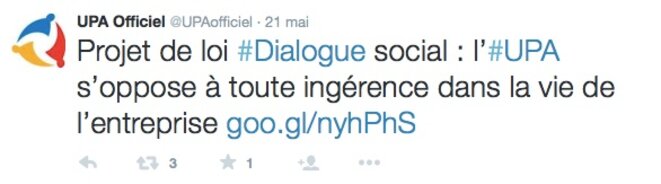 Tweet de l'UPA sur le dialogue social © DR Tweet de l'UPA sur le dialogue social © DR