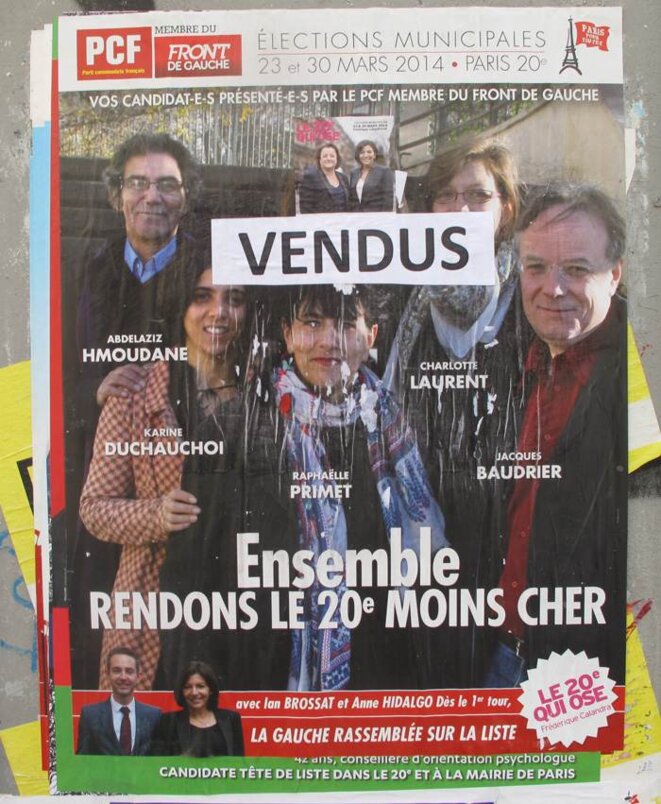 Une affiche du PCF vue rue de Belleville (75020 Paris) le 24/03/2014 parmi beaucoup d'autres (mal)traitées de la même façon ! © Pierre Magne Une affiche du PCF vue rue de Belleville (75020 Paris) le 24/03/2014 parmi beaucoup d'autres (mal)traitées de la même façon ! © Pierre Magne