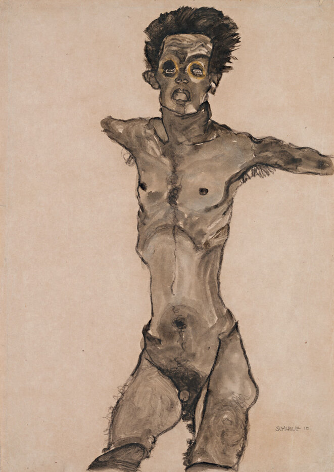 Autoportrait nu en gris avec la bouche ouverte - 1910 © Egon Schiele Autoportrait nu en gris avec la bouche ouverte - 1910 © Egon Schiele