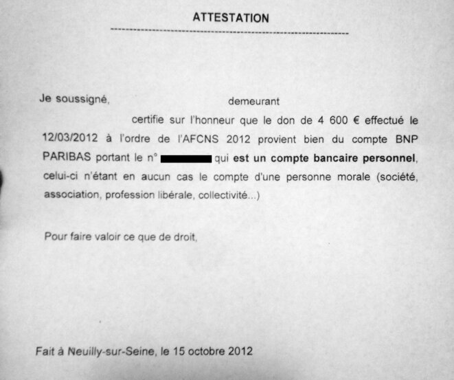 Une attestation fournie par un donateur de la campagne domicilié à Neuilly-sur-Seine © DR Une attestation fournie par un donateur de la campagne domicilié à Neuilly-sur-Seine © DR