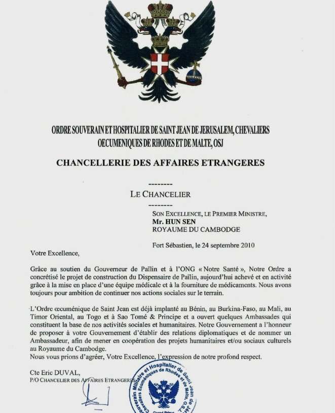 Le Grand Prieur demande l'ouverture d'une ambassade au premier ministre © DR Le Grand Prieur demande l'ouverture d'une ambassade au premier ministre © DR