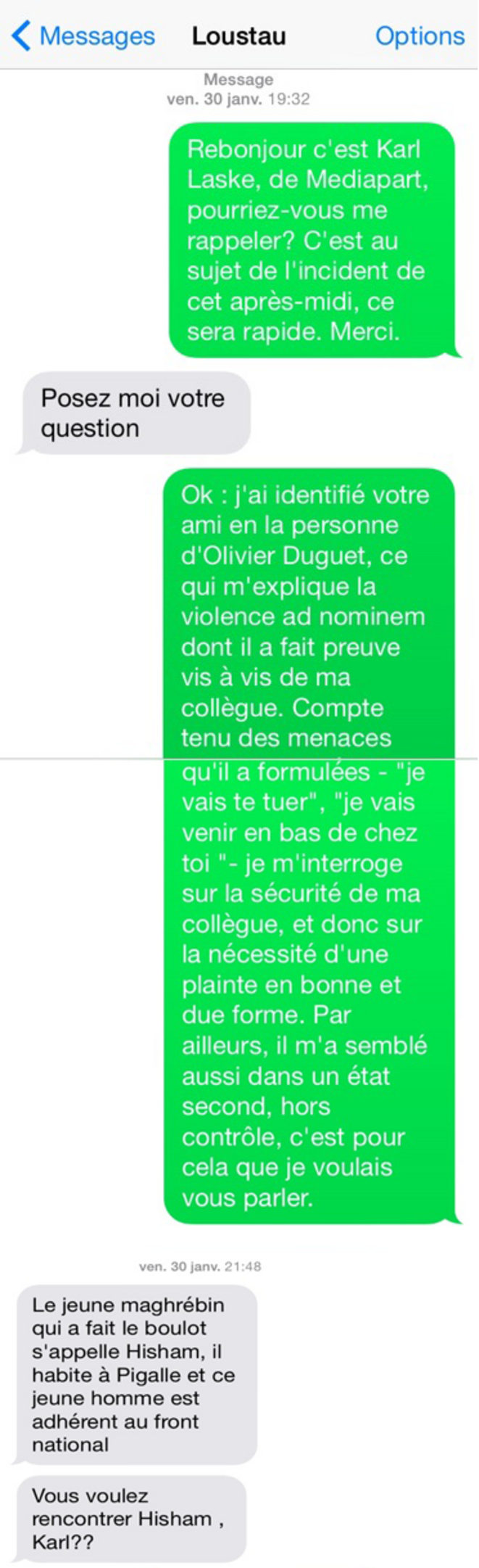 Dans cet échange de textos, Axel Loustau prétend que "le boulot a été fait" par un autre. © DR Dans cet échange de textos, Axel Loustau prétend que "le boulot a été fait" par un autre. © DR