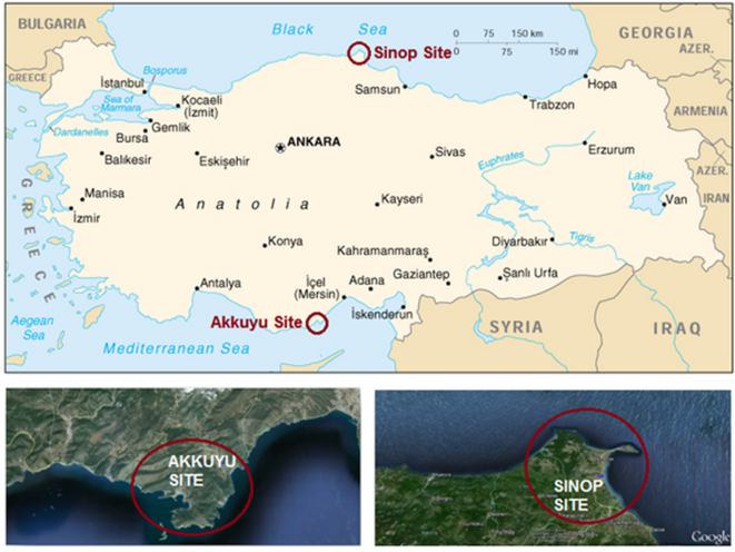 Akkuyu et Sinop, deux projets de centrales nucléaires en Turquie - source AIEA Akkuyu et Sinop, deux projets de centrales nucléaires en Turquie - source AIEA