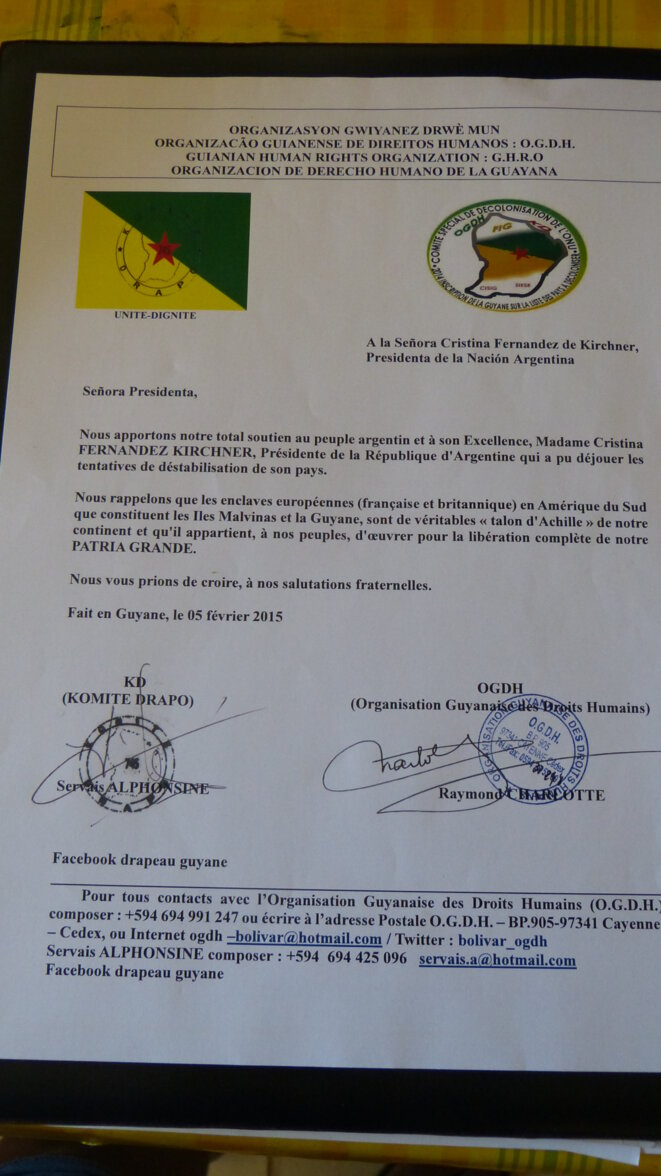 Direccion del Komité Drapo y de la Organizacion Guayanesa de DDHH a la Presidenta de la Republica Argentina.