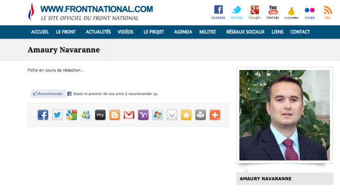La fiche d'Amaury Navaranne, membre du comité central du FN. © Site du Front national.