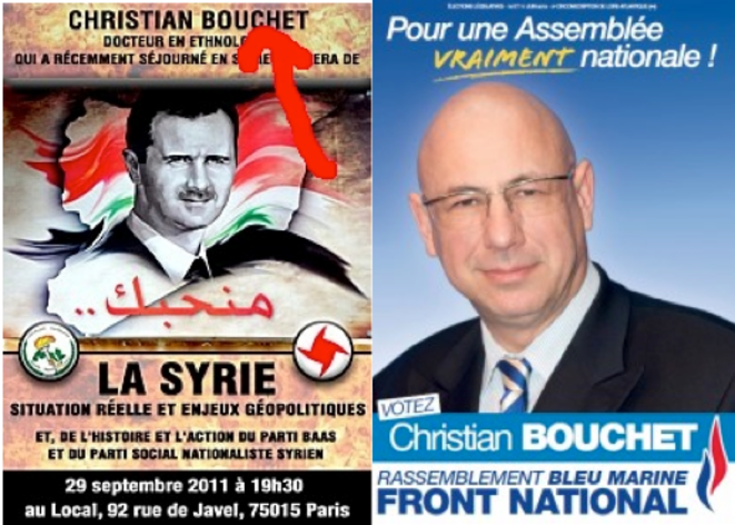 L'affiche annonçant la venue de Christian Bouchet au Local en 2011 et son affiche de candidat FN aux législatives de 2012.