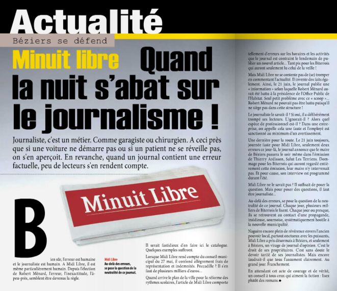 L'article attaquant Midi-Libre dans le journal municipal. L'article attaquant Midi-Libre dans le journal municipal.