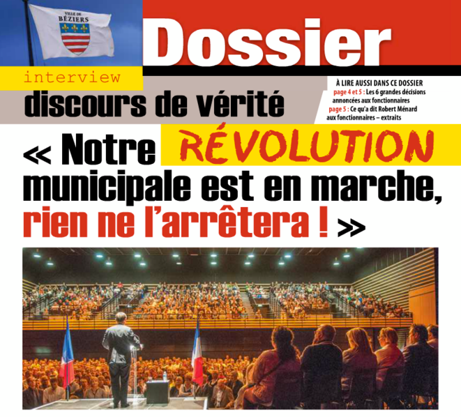 Dans le Journal municipal, Robert Ménard présente sa réunion des agents comme « une première dans l'histoire de Béziers ». Dans le Journal municipal, Robert Ménard présente sa réunion des agents comme « une première dans l'histoire de Béziers ».