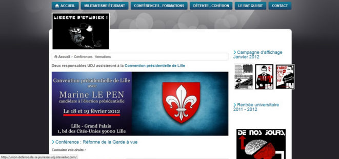 La présence d'Edouard Klein et Baptiste Coquelle à la convention du FN est annoncée sur le site de l'UDJ. © Capture d'écran du site de l'UDJ sur le blog du Monde "Droites extrêmes".