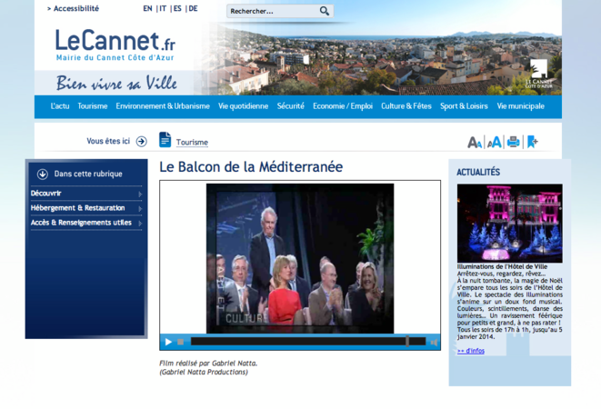 Film de communication institutionnelle réalisé sur le Cannet par l'ex-journaliste Gabriel Natta. © Catpure d'écran du site de la mairie du Cannet. Film de communication institutionnelle réalisé sur le Cannet par l'ex-journaliste Gabriel Natta. © Catpure d'écran du site de la mairie du Cannet.