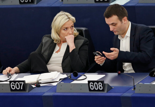 Marine Le Pen et Florian Philippot au parlement européen, le 11 mars. © Reuters Marine Le Pen et Florian Philippot au parlement européen, le 11 mars. © Reuters