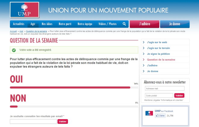 Capture d'écran du site de l'UMP. Capture d'écran du site de l'UMP.