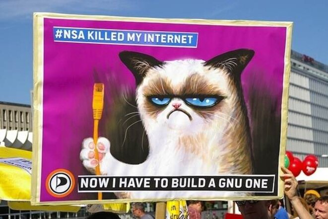 La NSA m’a volé mon internet; maintenant je dois en construire un "GNU"veau – Pancarte anti-NSA sur le thème du grumpy cat