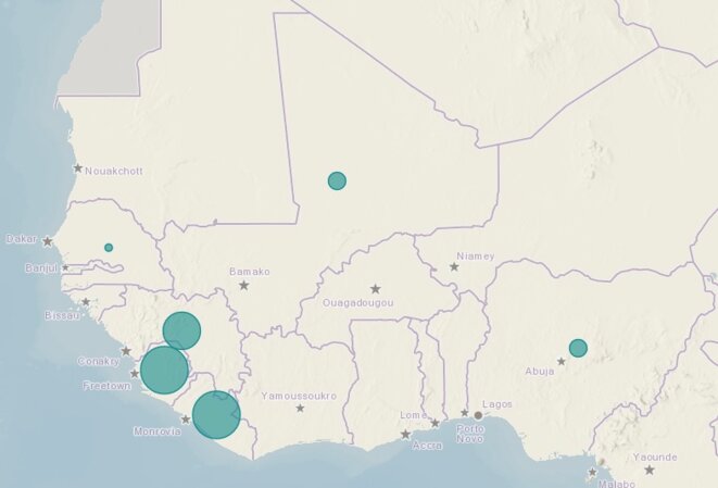 Nombre de cas de virus Ebola en mai 2015 en Afrique de l'Ouest © OMS Nombre de cas de virus Ebola en mai 2015 en Afrique de l'Ouest © OMS