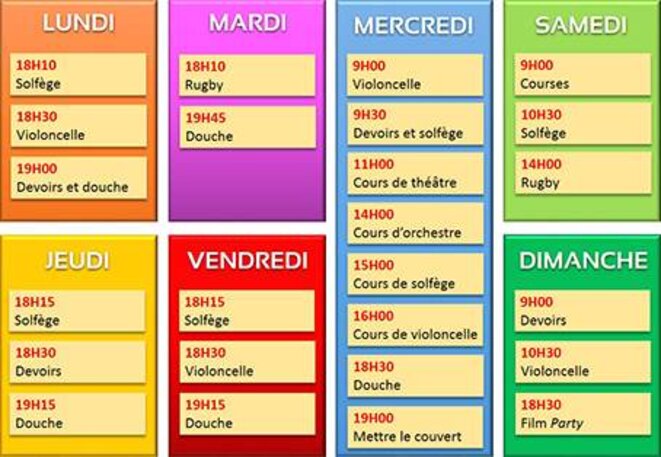 Exemple de planning hebdomadaire familial d'un enfant « privilégié » de 8 ans, pratiquant trois activités périscolaires (avant la réforme) © JM Exemple de planning hebdomadaire familial d'un enfant « privilégié » de 8 ans, pratiquant trois activités périscolaires (avant la réforme) © JM