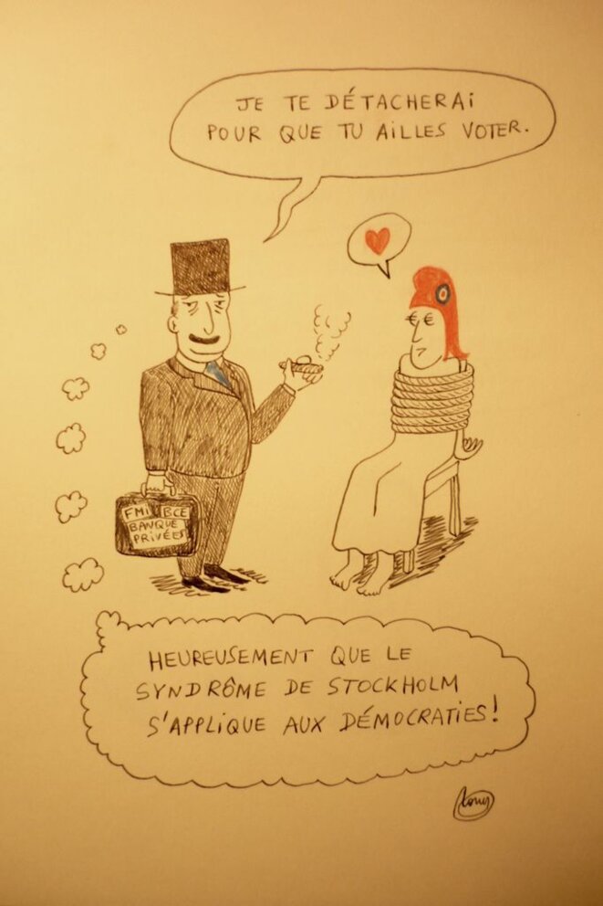 Qui représente la Marianne dans cette caricature?
C'est LA question que vous devrez vous posez, comme un ordre de survie
pour prendre un air humaniste, au moins quelques secondes.
Marianne c'est Charlie oui le bon vieux "jesuisCHARLIE" avec une paire de seins et une capuche sans le sweat shirt.
Si les psychanalystes à la retraite s'occupaient à traiter les cas
les plus désespérés parmi nos élus de la République, et faire des heures
sup gratos pour s'occuper de nos patrons du CAC…
© Tony Nepos Qui représente la Marianne dans cette caricature?
C'est LA question que vous devrez vous posez, comme un ordre de survie
pour prendre un air humaniste, au moins quelques secondes.
Marianne c'est Charlie oui le bon vieux "jesuisCHARLIE" avec une paire de seins et une capuche sans le sweat shirt.
Si les psychanalystes à la retraite s'occupaient à traiter les cas
les plus désespérés parmi nos élus de la République, et faire des heures
sup gratos pour s'occuper de nos patrons du CAC…
© Tony Nepos