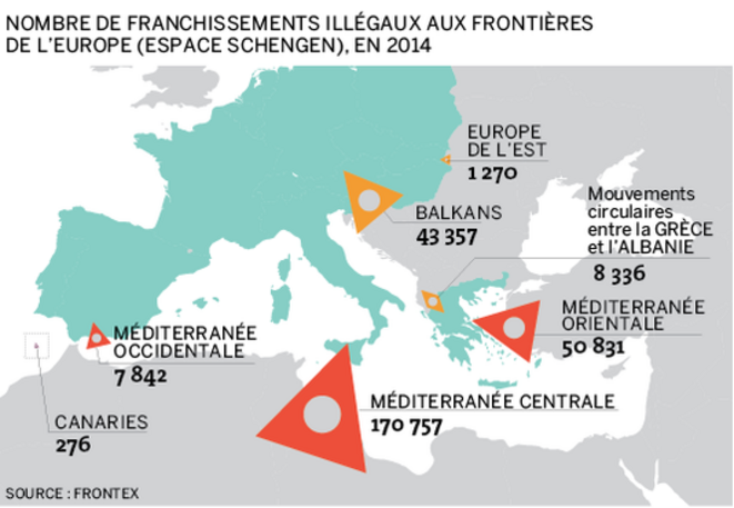Estimations Frontex pour l'année 2014 d'immigrés illegaux (reportés sur unee carte Le Monde) © Estimations Frontex (reportés sur unee carte Le Monde) Estimations Frontex pour l'année 2014 d'immigrés illegaux (reportés sur unee carte Le Monde) © Estimations Frontex (reportés sur unee carte Le Monde)