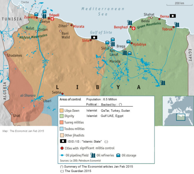 Carte Lybie début 2015 © (via The Economist) Carte Lybie début 2015 © (via The Economist)