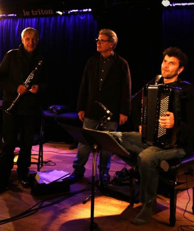 Michel Portal, Richard Copans et Vincent Peirani en séance d'enregistrement au Triton © Le Triton Michel Portal, Richard Copans et Vincent Peirani en séance d'enregistrement au Triton © Le Triton