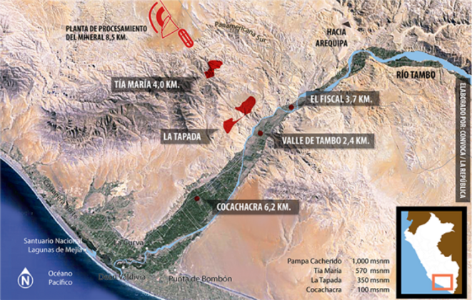 Carte de la Vallée de Tambo et du projet Tía María ©Convoca/La República Carte de la Vallée de Tambo et du projet Tía María ©Convoca/La República