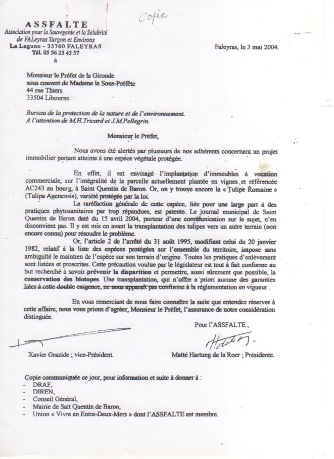 Lettre de l'ASSFALTE à la Sous-Préfecture de Libourne (3 mai 2004) © ASSFALTE Lettre de l'ASSFALTE à la Sous-Préfecture de Libourne (3 mai 2004) © ASSFALTE