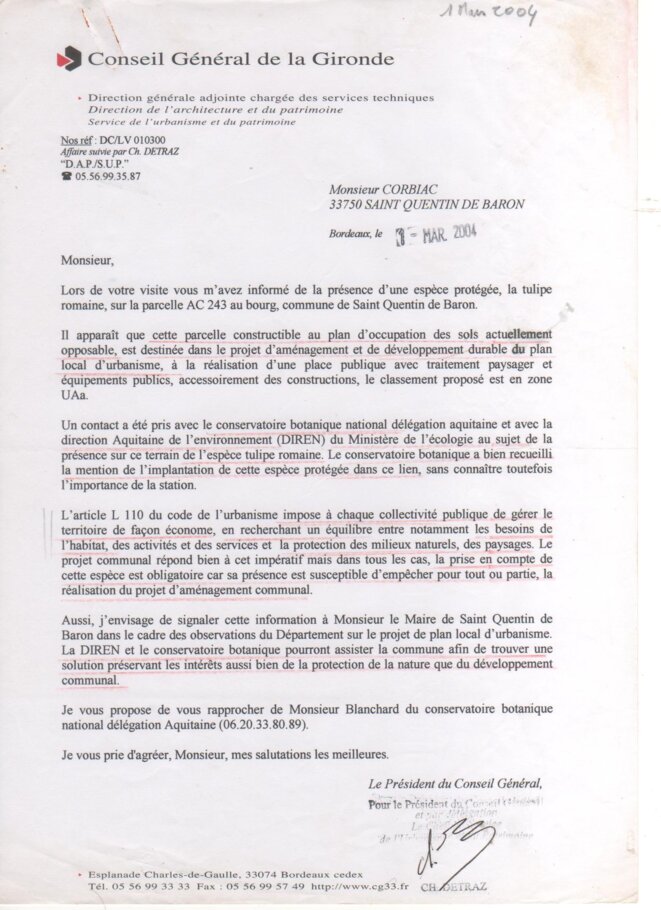 Lettre du Conseil Général de la Gironde à Yves Corbiac (1er mars 2004) © Yves CORBIAC Lettre du Conseil Général de la Gironde à Yves Corbiac (1er mars 2004) © Yves CORBIAC