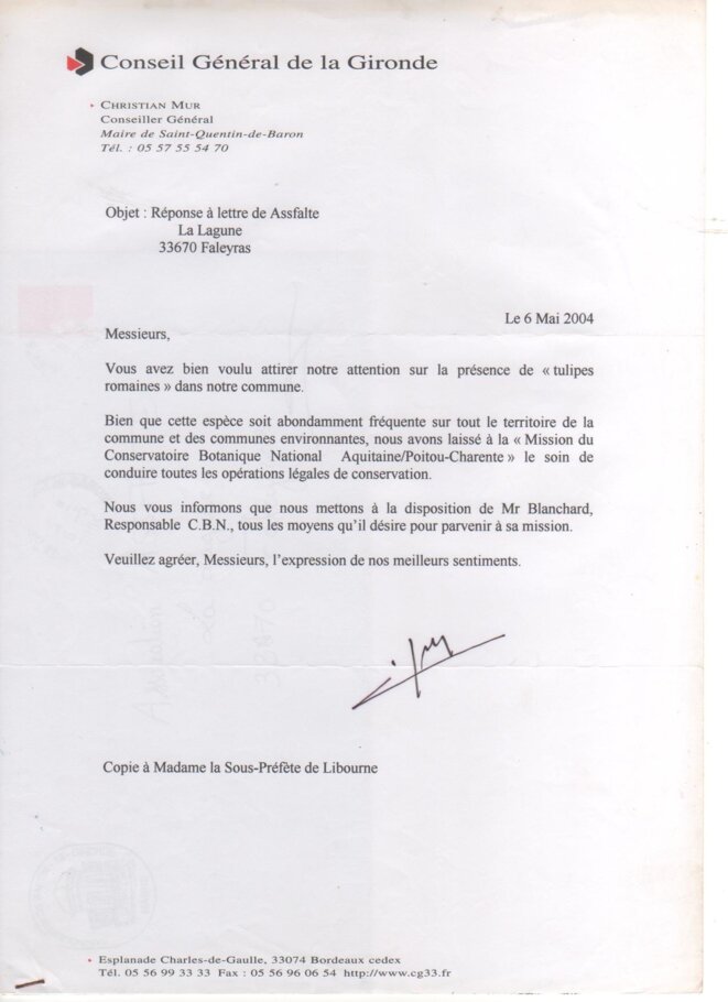 Lettre de Christian Mur, conseiller général de la Gironde, à l'ASSFALTE (6 mais 2004) © ASSFALTE Lettre de Christian Mur, conseiller général de la Gironde, à l'ASSFALTE (6 mais 2004) © ASSFALTE