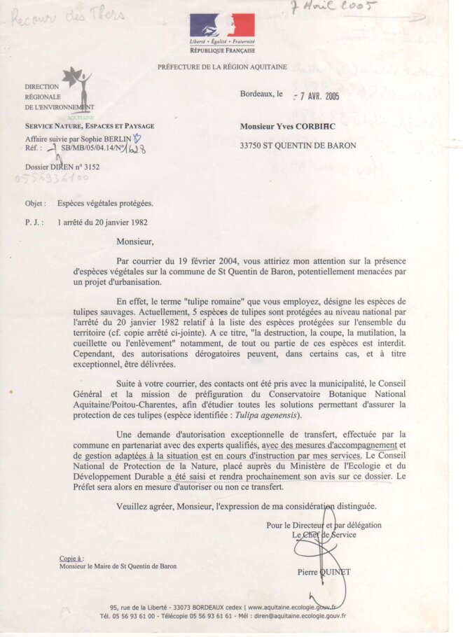 Lettre de la DIREN à Yves Corbiac (7 avril 2005) © Yves CORBIAC Lettre de la DIREN à Yves Corbiac (7 avril 2005) © Yves CORBIAC