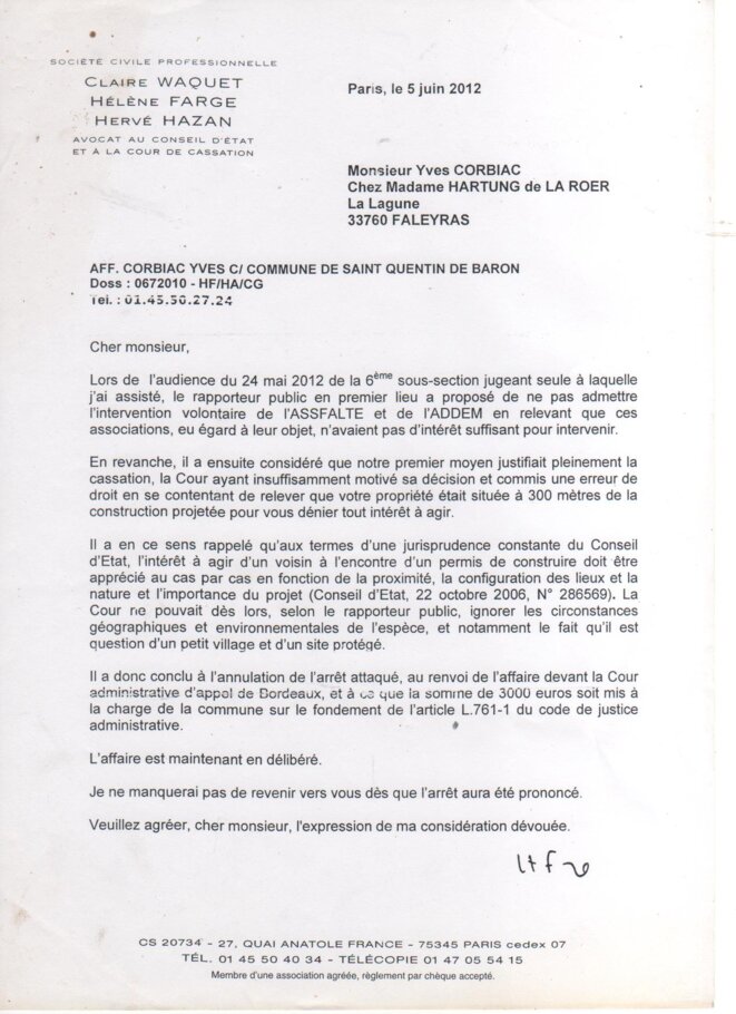 Lettre de Maître Farge, Avocat au Conseil d'Etat, à Yves Corbiac (5 juin 2012) © Yves CORBIAC Lettre de Maître Farge, Avocat au Conseil d'Etat, à Yves Corbiac (5 juin 2012) © Yves CORBIAC