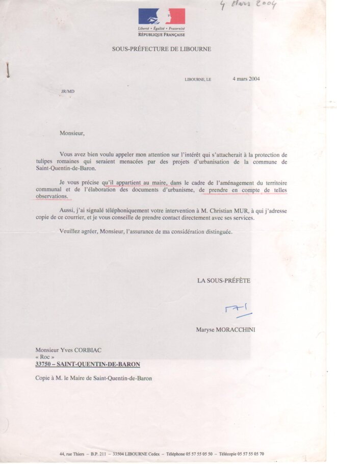 Lettre de la Sous-Préfecture de Libourne à Yves Corbiac (4 mars 2004) © Yves CORBIAC Lettre de la Sous-Préfecture de Libourne à Yves Corbiac (4 mars 2004) © Yves CORBIAC
