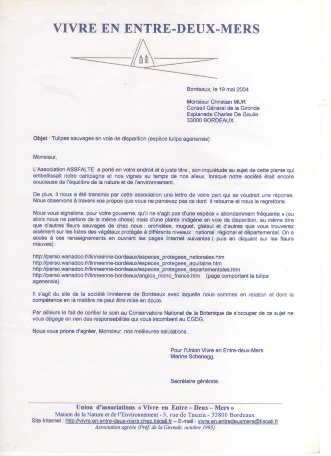Lettre de l'union Vivre en Entre-deux-Mers à Christian Mur (19 mai 2004) © Vivre en Entre-deux-Mers Lettre de l'union Vivre en Entre-deux-Mers à Christian Mur (19 mai 2004) © Vivre en Entre-deux-Mers