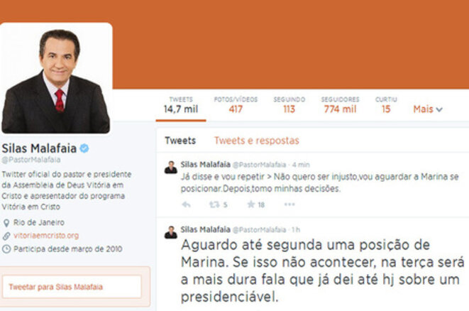 Message posté sur le twitter du pasteur Silas Malafaia Message posté sur le twitter du pasteur Silas Malafaia