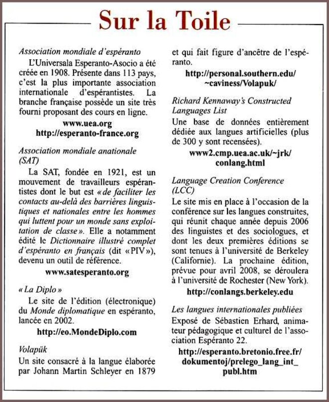 encadré comportant quelques urls sur les langues construites © Monde Diplomatique encadré comportant quelques urls sur les langues construites © Monde Diplomatique