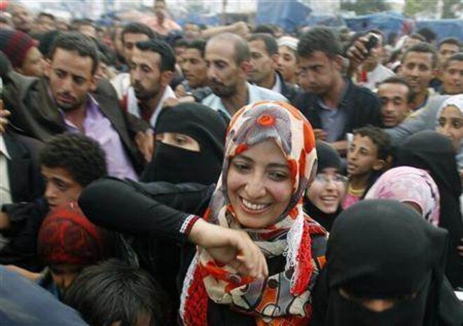La jeune activiste Tawakul Karman, prix Nobel de la paix, à Sanaa dans une manifestation à Sanaa © dr La jeune activiste Tawakul Karman, prix Nobel de la paix, à Sanaa dans une manifestation à Sanaa © dr