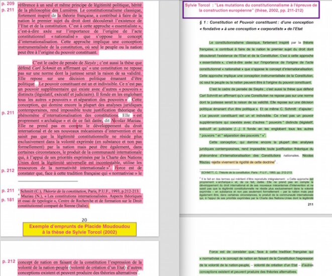 Les « insuffisances de citations » : à gauche, l’ouvrage de P. Moudoudou (2012); à droite, la thèse de S. Torcol (2002). Les « insuffisances de citations » : à gauche, l’ouvrage de P. Moudoudou (2012); à droite, la thèse de S. Torcol (2002).
