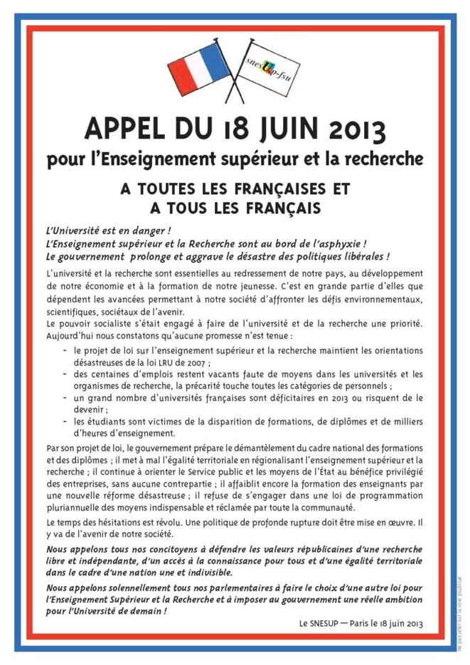 Appel du 18 juin pour l'Enseignement supérieur et la Recherche