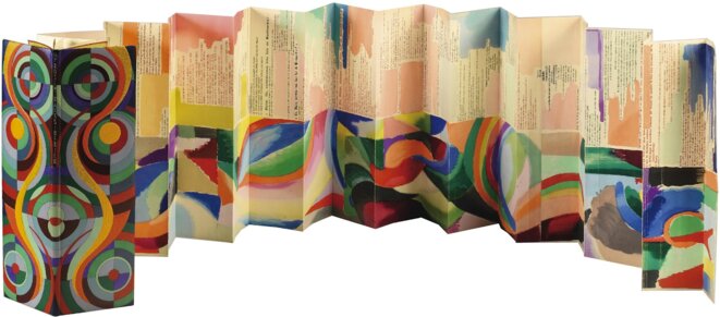 Le Transsibérien, fac-similé de l'objet poème en forme de dépliant réalisé par Sonia Delaunay en 1913. © (dr) Le Transsibérien, fac-similé de l'objet poème en forme de dépliant réalisé par Sonia Delaunay en 1913. © (dr)