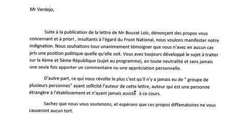 La lettre de soutien des élèves.