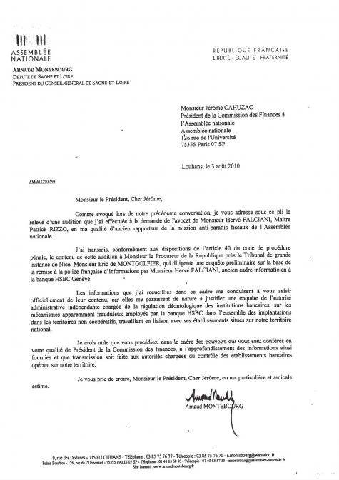 La lettre envoyée par Arnaud Montebourg envoyée à Jérôme Cahuzac, en août 2010, au sujet de l&#039;affaire HSBC.