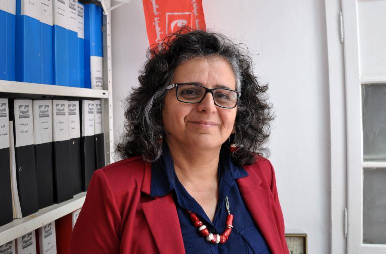 Ayda Touma Souleman, jeudi 12 mars, à Haïfa, dans son local de campagne