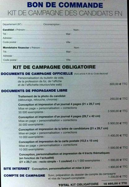 Le &quot;kit&quot; vendu par Jeanne à des candidats FN aux législatives 2012.